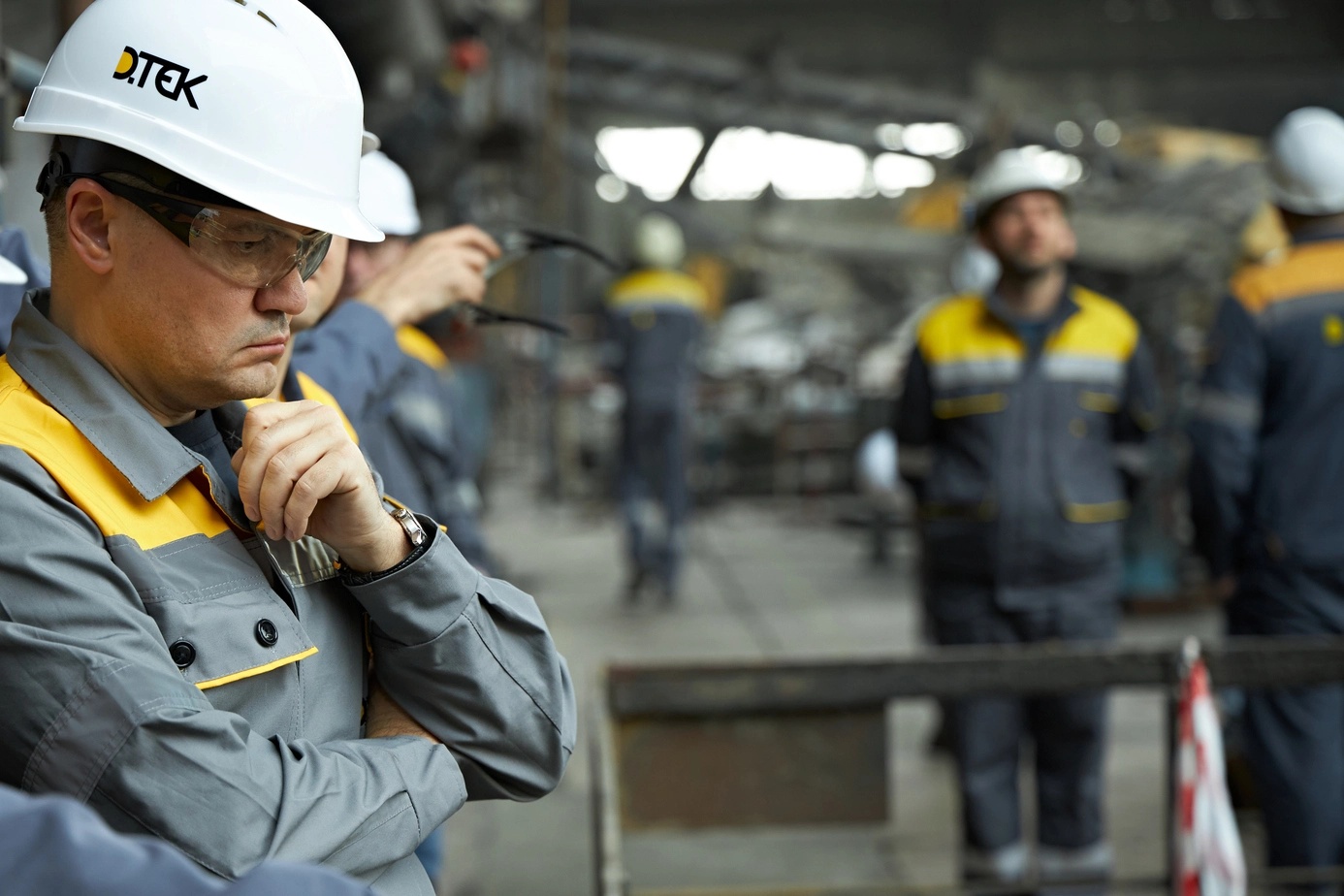 DTEK CEO Maxim Timchenko inspects damage at a DTEK power station after russian attacks in March 2024. The precise location and date are not disclosed due to security restrictions.