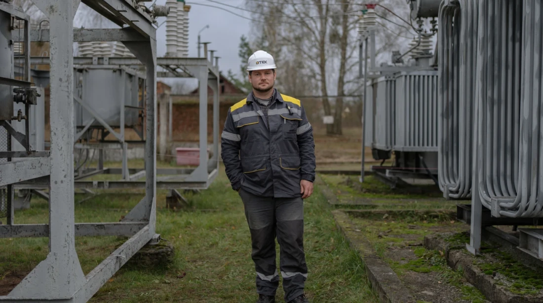 Oleksandr Adamchuk, 36, a repair and maintenance supervisor for substations, poses for a portrait while performing scheduled repair work on an energy substation, Friday, Oct. 24, 2025, in Kyiv region, Ukraine. “The main